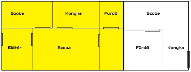 Földszinti alaprajz: az első lakás (kiemelve) és a hátsó lakás helyiségei