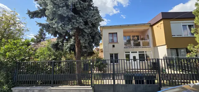 A ház utcai látképe a kovácsoltvas kerítéssel és a fenyővel — a hirdetés borítóképe (illusztráció)
